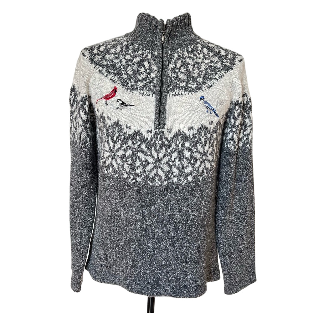 Vintage Northern Reflections Cardinal Blue Jay Beaded 1/4 Zip Sweater Winter